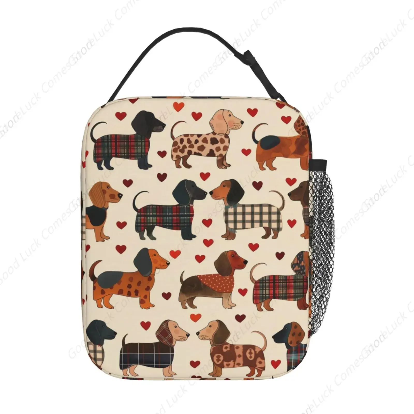 Reusable Dachshund Lunch Box for Kids, Insulated Cute Plaid Dog Bag,Polyester Cooler Heart Handbags Case for School