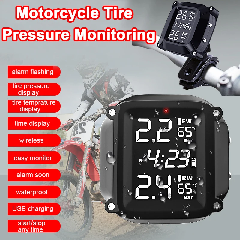 Wireless Motorcycle Tire Pressure Monitoring System External Sensor LCD Time Display Tyre Temperature Monitor Alarm