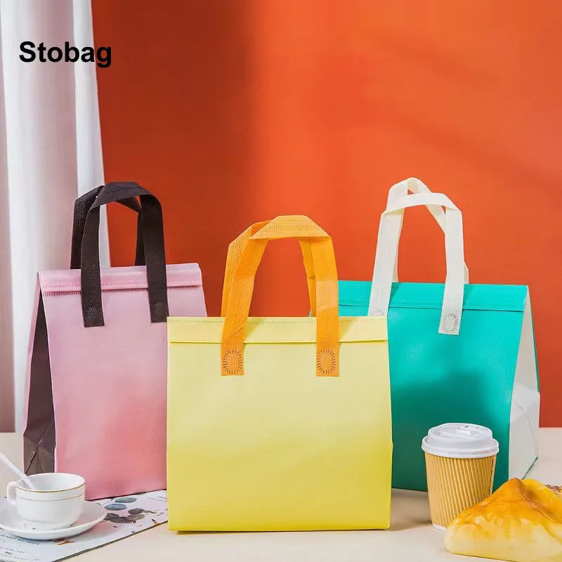 

StoBag 25pcs Wholesale Non-woven Bag Lunch Food Drink Packaging Tote Portable Storage Delivery Carrier Keep Warm Pouches Logo