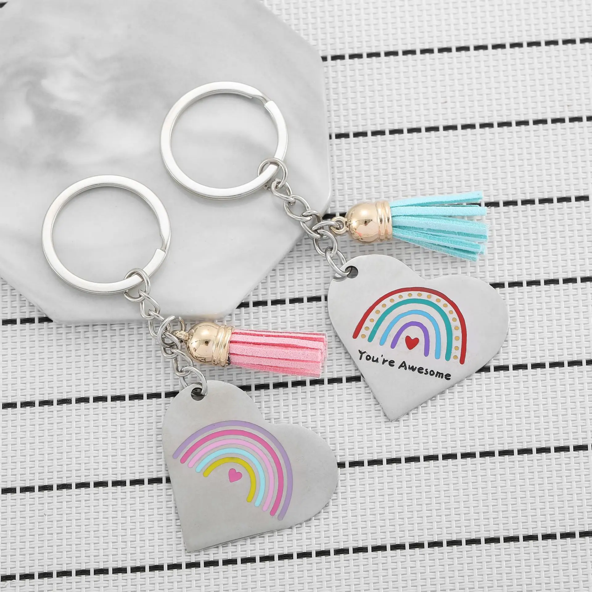 سلسلة مفاتيح من الفولاذ المقاوم للصدأ بألوان قوس قزح، قلادة جلدية مهدب، قلادة DIY، هدية لصديقتك، سلسلة مفاتيح نسائية. #5