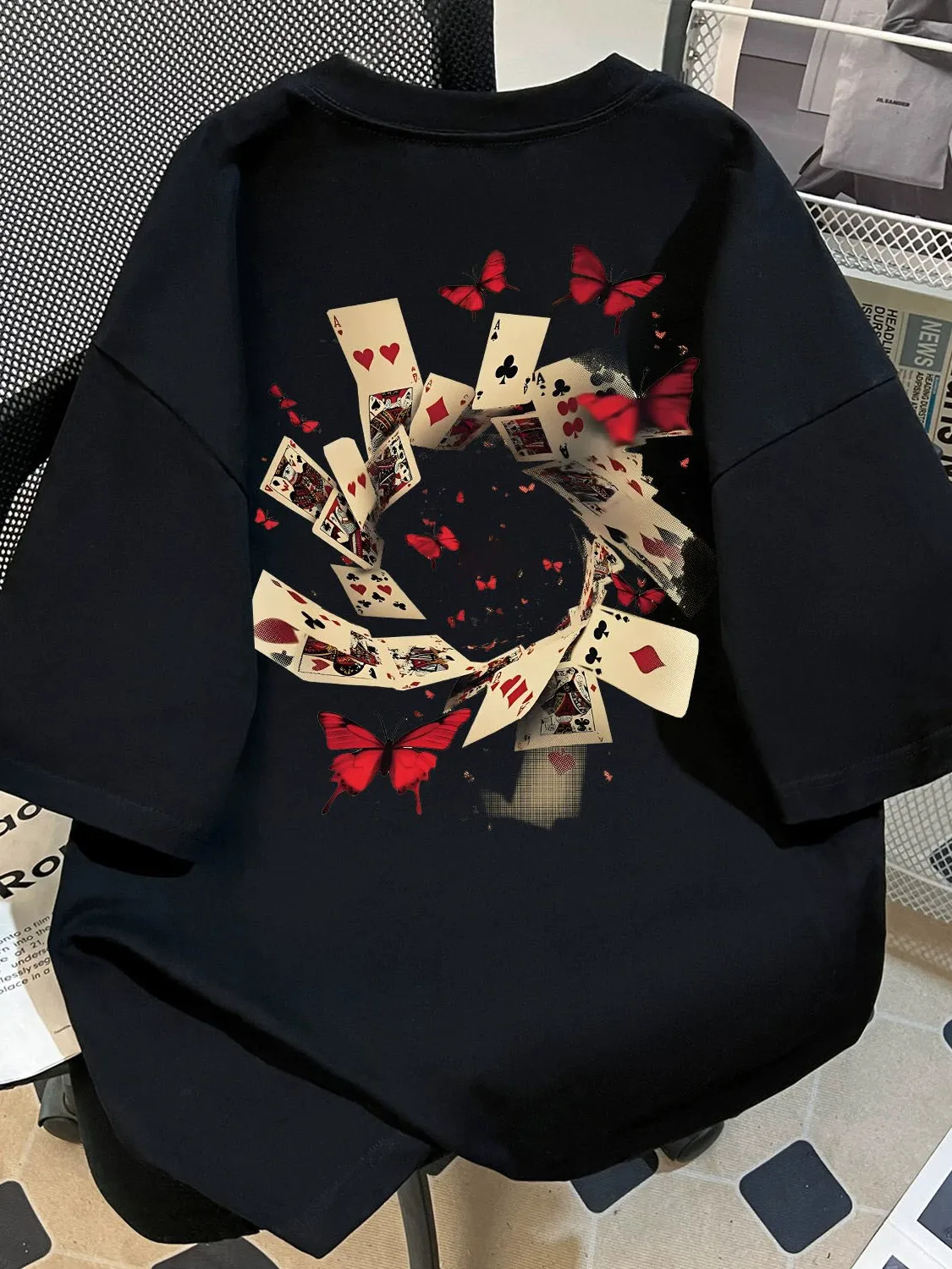 ルーズフィット-アメリカン-ハイストリートスタイル-半袖tシャツ-綿00-通気性抜群-夏用トップス-男女兼用-ポーカー柄