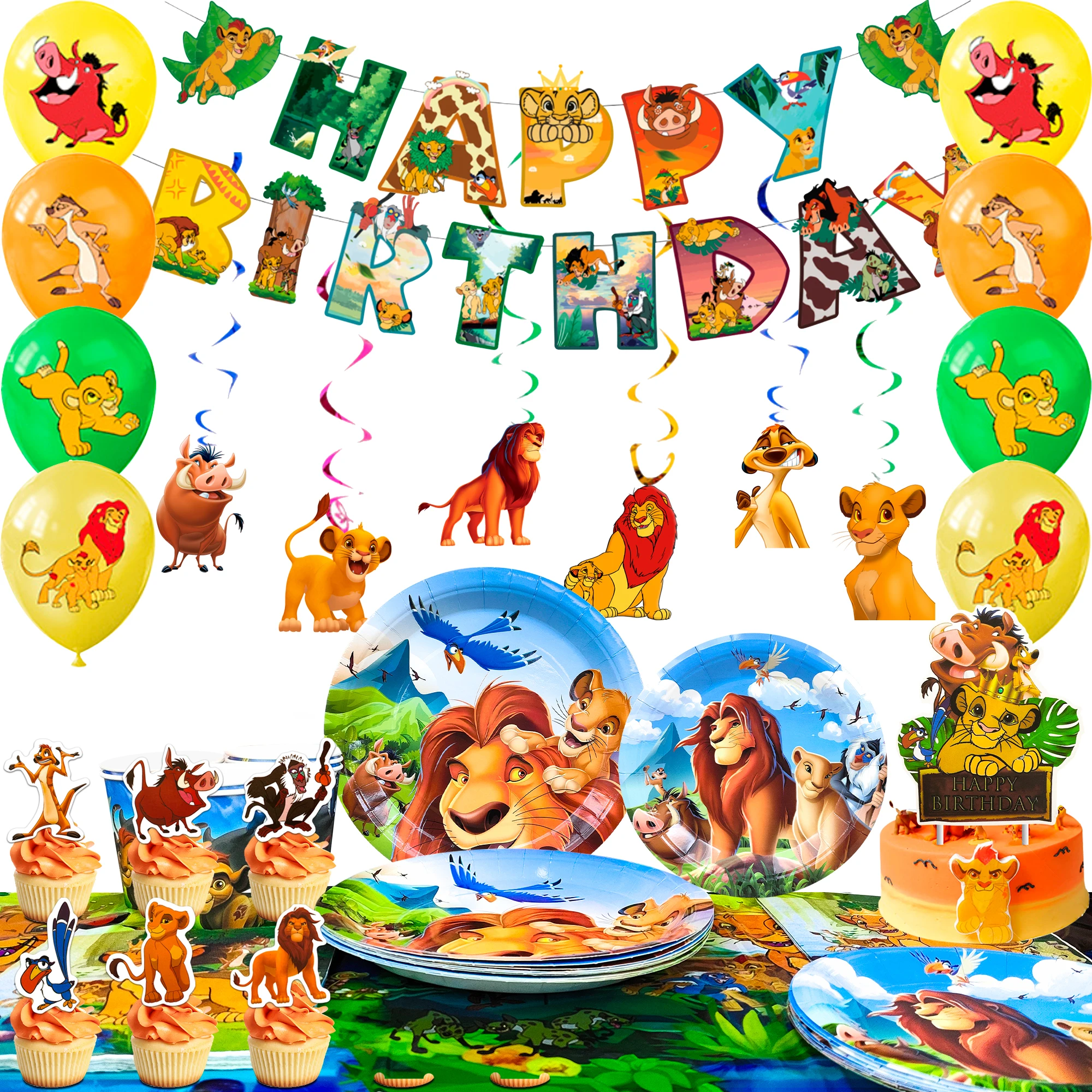 117 pièces de décorations pour fête sur le thème du Roi Lion Simba et ensemble de vaisselle d'anniversaire du Roi Lion - Assiettes, serviettes, ballons, décorations de gâteau, bannière, etc. pour la fête d'anniversaire