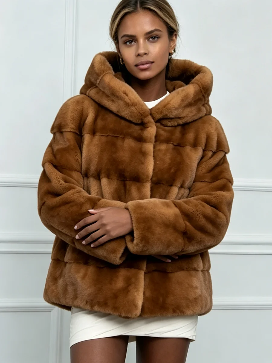 PUAL  Women Brown Faux Fur Hooded Coat Winter Warm Soft Plush Short Fur Jacket