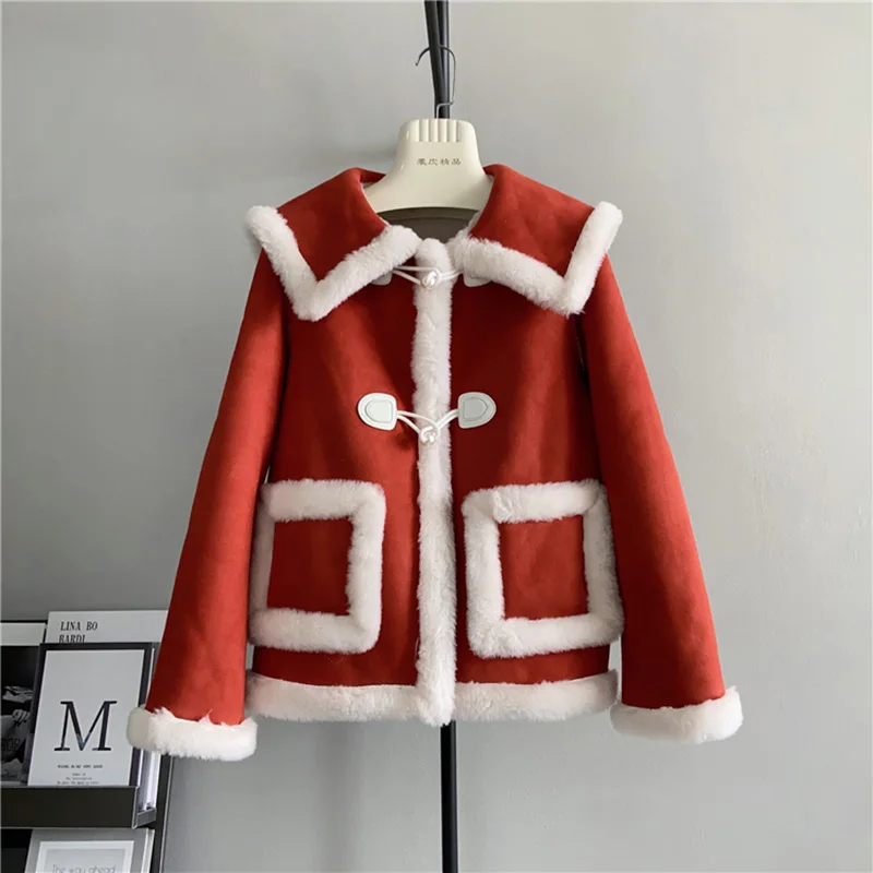 4 Color Real Wool Suede Overcoats Women Winter New Sailor Collar Pockets Christmas Red Short Coats Chic WarmThick Fur Outerwear