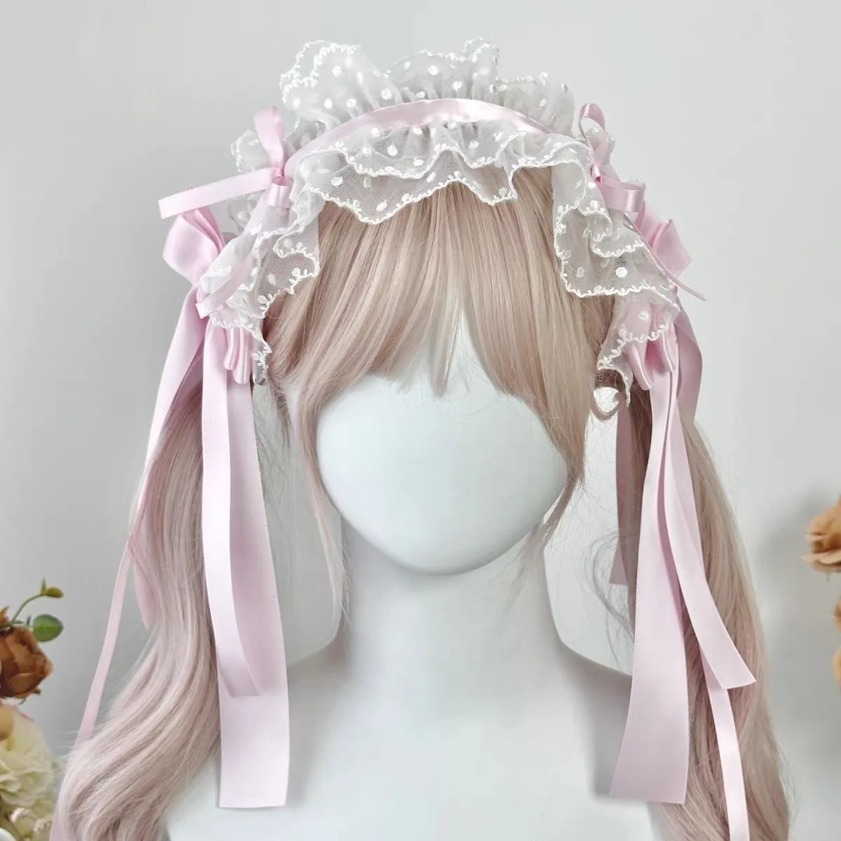 Lolita Pink Color Lace Headband Ribbon Bow Hairband Sweet Bow Maid Cosplay Headpiece Night Party Hair Accessories