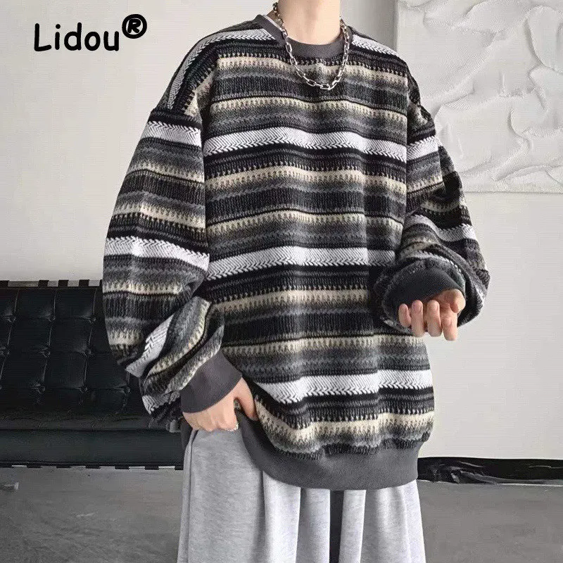 Spring Autumn Striped Casual Hip Hop Oversized Sweatshirt Man Harajuku Streetwear Korean Tops Fashion Pullover Ropa De Hombre