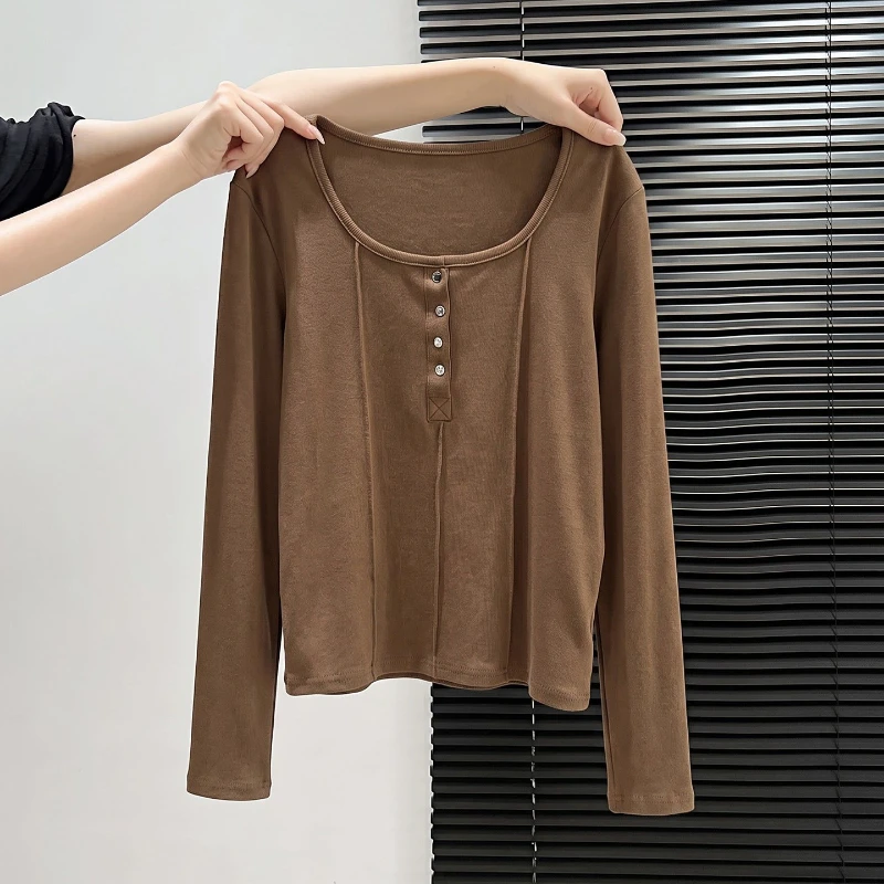 Stylish Square Neck Long Sleeve Women T-shirt 2026 Autumn Winter New Corset Top Korean Style Niche Trendy Basic Inner Tee