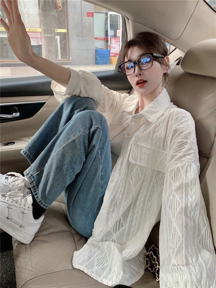 Turn-down Collar Shirt Women Loose Korean-style Leisure Hollow Out Design Long-sleeve Pocket Solid Simple Office Ladies Design