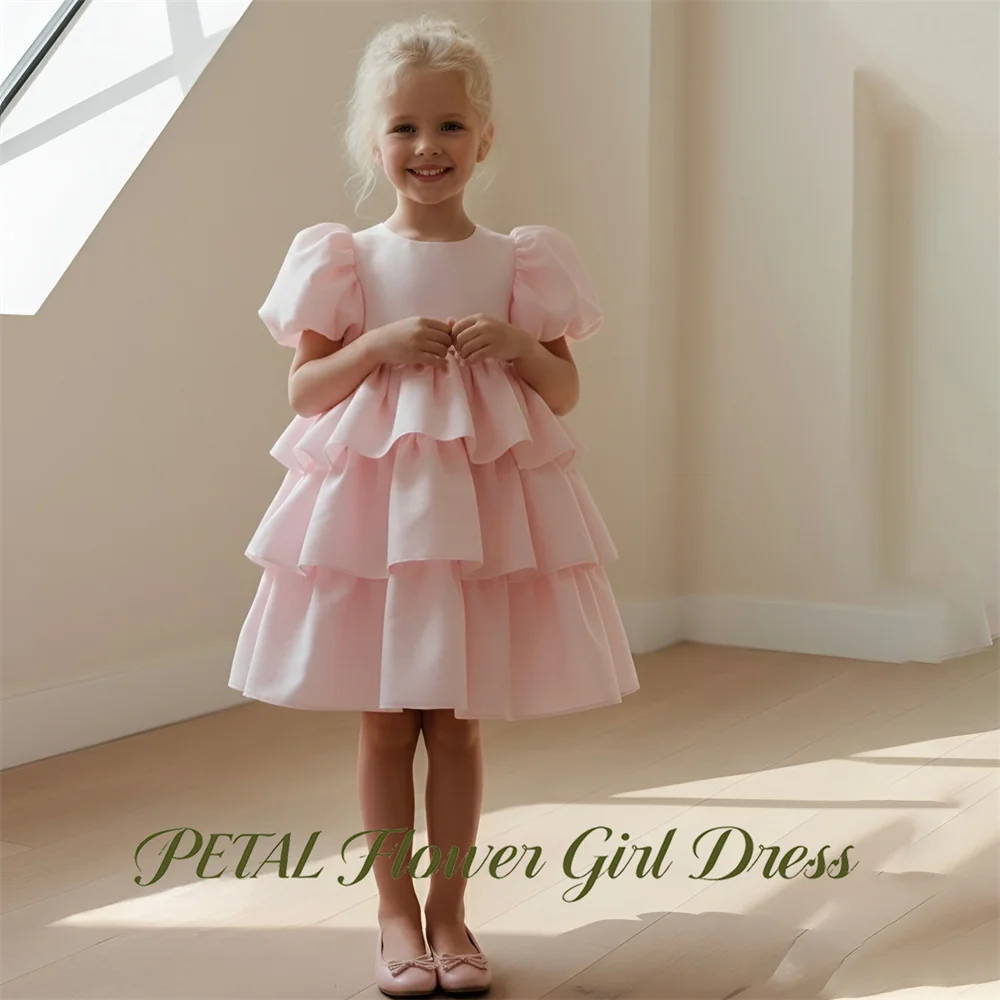 Petal Peach Pink Children Birthday Wedding Dress with Layers First Communion Gown Short Sleeve Girls Fluffy Princess Dress
