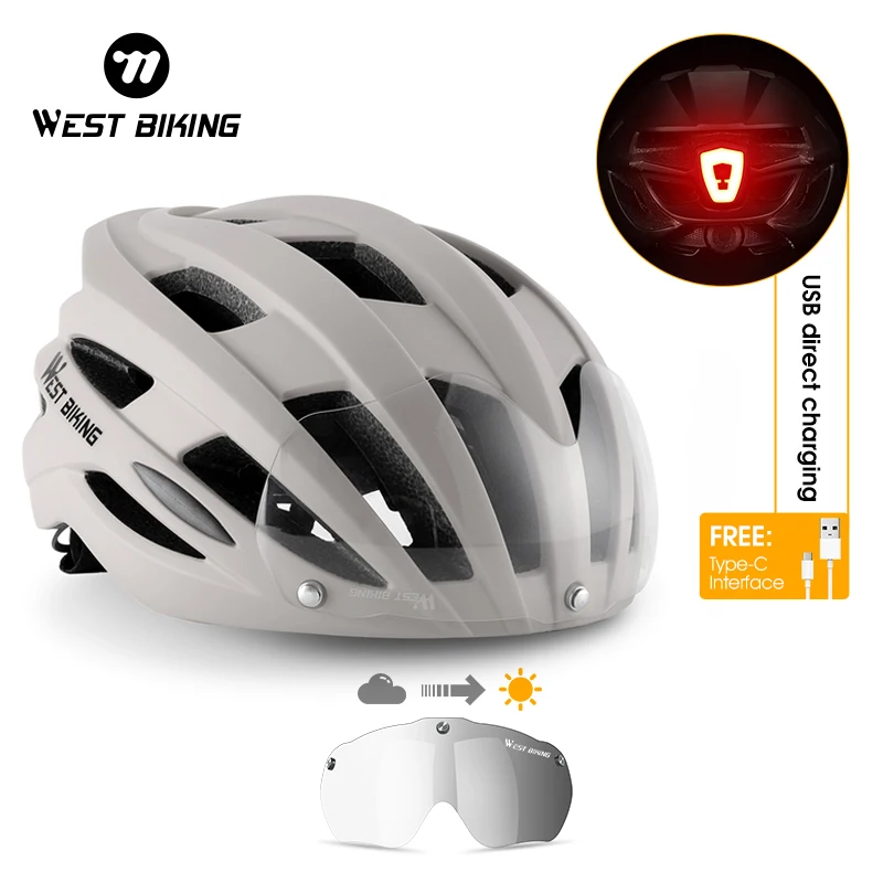 

WEST BIKING Cycling Helmet Men Women With Goggles Photochromic Lens Bicycle Helmet Safe Cap Tail Light Bike Motorcycle Helmet