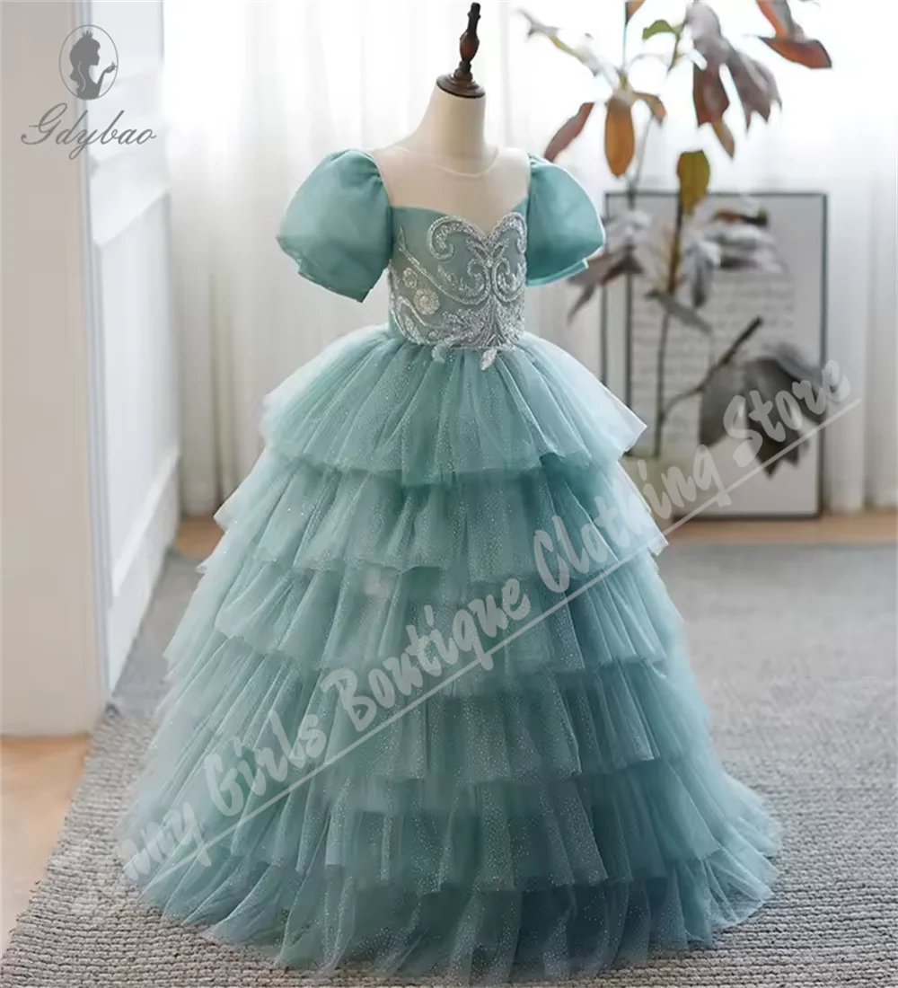 

Elegant Flower Girl Dress Layered Sheer Crew Neck Lace Puffy Sleeves Children's Communion Dress For Wedding Prom