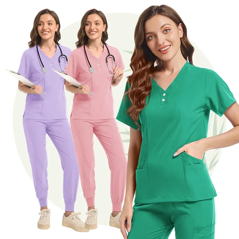 

Uniform set Short-sleeved scrubbed top and pocket pants Medical nurse uniform Doctor surgical overalls Spa coat Beauty salon