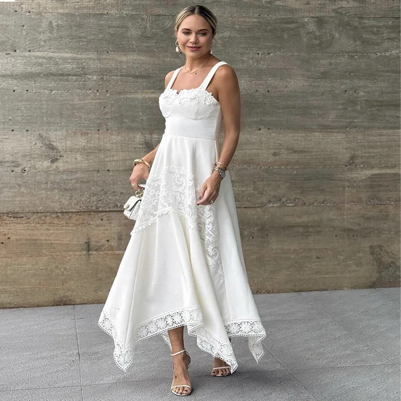 

2025New Elegant Square Neck Midi Dress For Women Summer Sleeveless High Waist Party Wedding Dress Female Chic Holiday Evening Ve