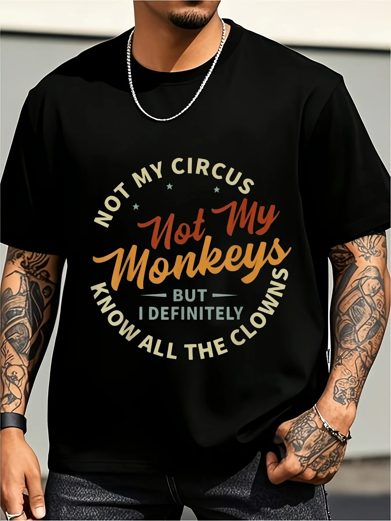 Men's Funny Quote T-Shirt - Not My Monkey, but I Know All the Clowns, Eye-Catching Red with Orange Text Graphic T-Shirt, Soft Casual Shirt for Everyday Wear, Suitable for Parties, Casual Wear