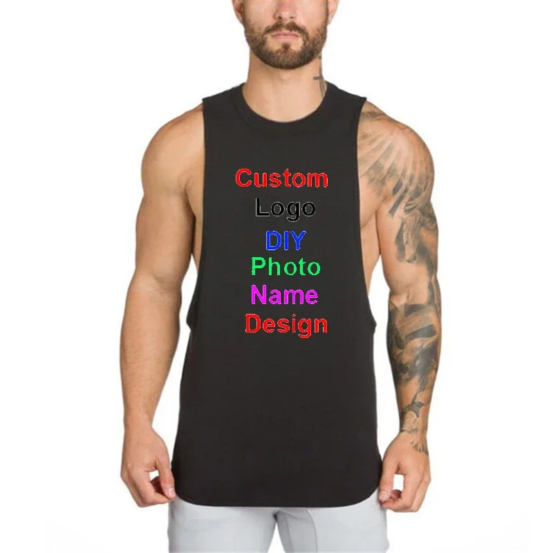 Brand Logo Custom DIY Summer Mens Cotton Gym Tank Top Bodybuilding Open Side Sleeveless Shirt O neck Fitness Clothing