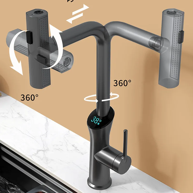 Imagem -04 - Torneira de Cozinha Multifuncional com Display Digital Led Torneira Giratória Lavatório de Legumes Misturador de Água Fria e Quente