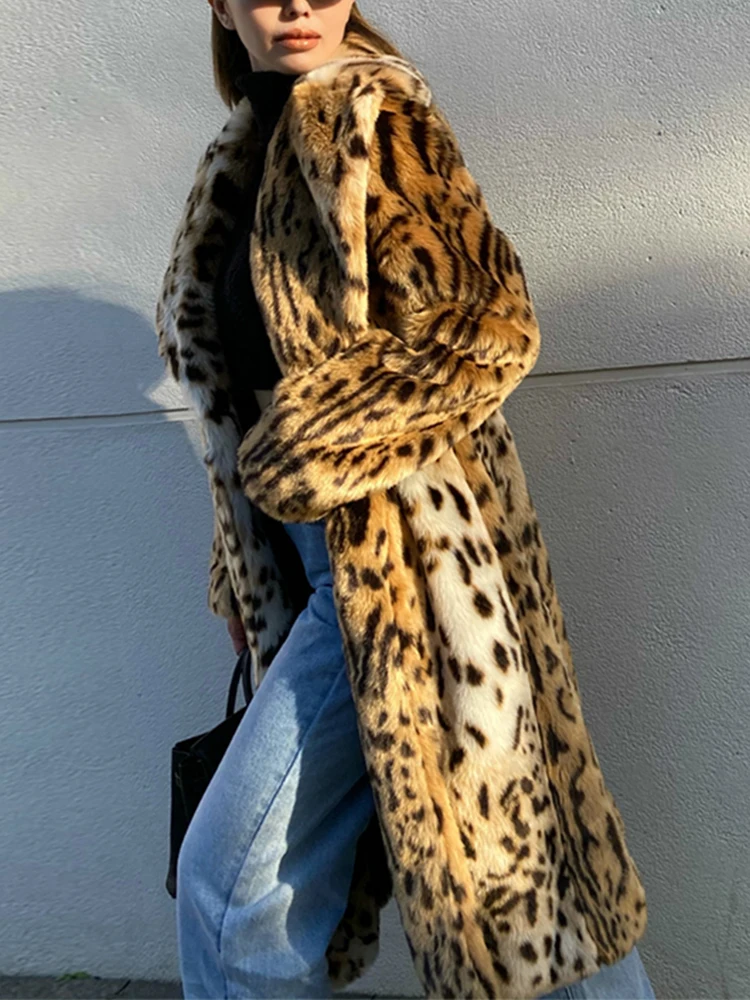 UCXQ Winter Long Warm Thick Leopard Fluffy Faux Fur Coat Women Tiger Print Runway Loose Luxury Designer Clothing Women 2024 New