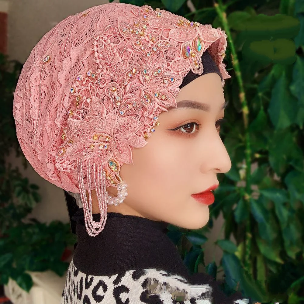 

Muslim Veil Hat Malay Headscarf Beaded Lace Head Scarf for Women Diamonds Tassel Hijab Bonnet Turban Beanies Islam Wedding Cap
