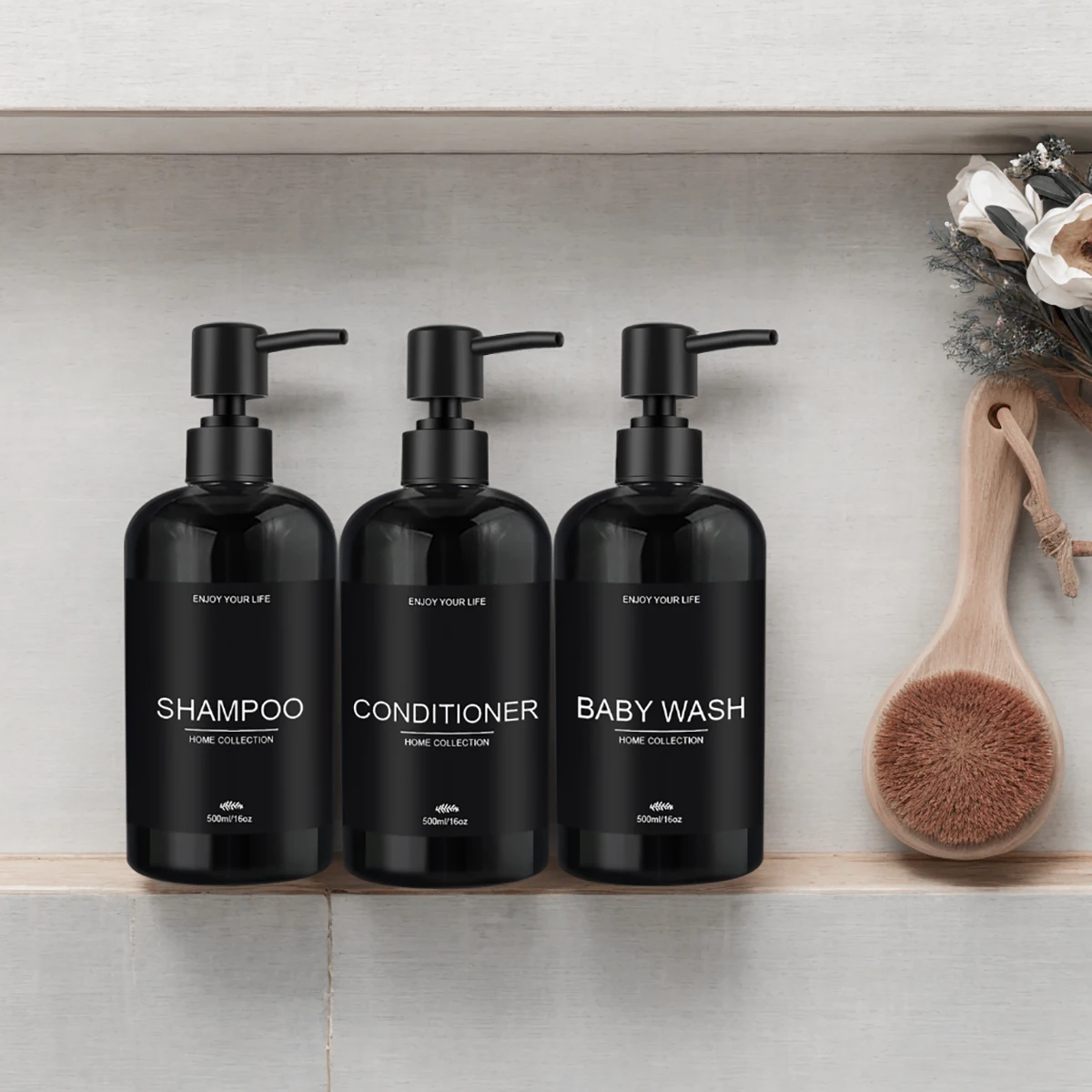 3pcs Bathroom Refillable Empty Shampoo Conditioner and Body Wash Soap Bottle, Black/White Home Decor Shampoo Dispenser view 6