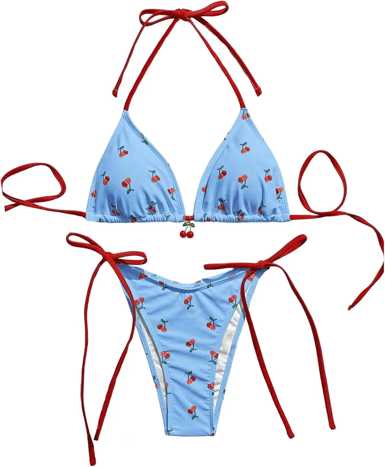 

Women's 2 Piece Swimsuit Cherry Print Bikini Set Halter Triangle Bikini Side Tie String Bathing Suits