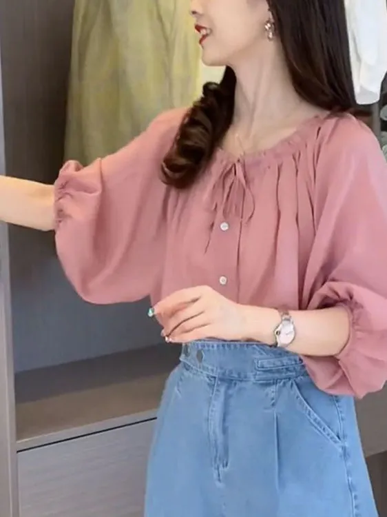 Ele único mujer gasa irt Bubble Sve novedad de verano Sle Top adelgazante Faionable pequeño irt francés Sle ajuste suelto