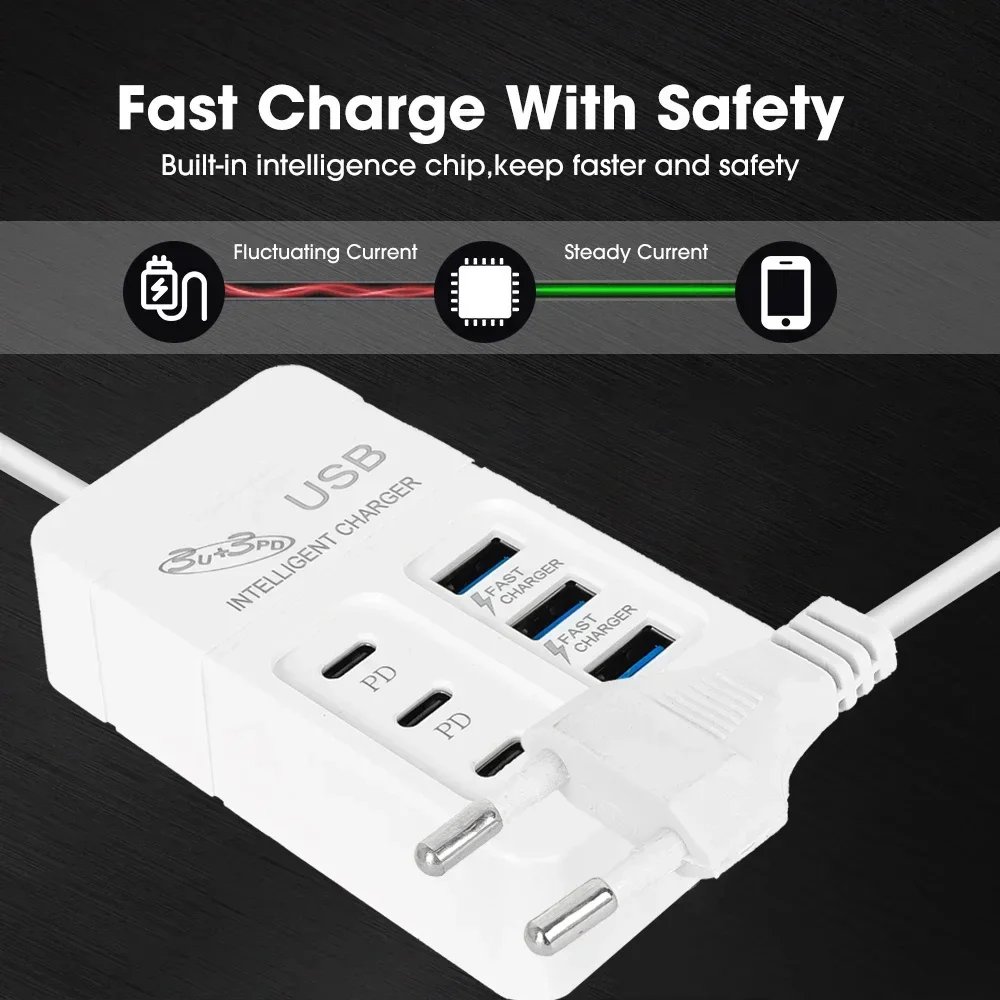 35W Type C USB 6 Ports Power Strip Charger Station 3PD Fast Charging Plug Adapter USB A Phone Wall Charger For iPhone Samsung