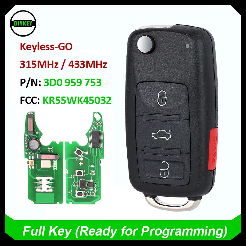 DIYKEY Keyless-Go Remote Key for VW Volkswagen Touareg 2004 2005 2006 2007 2008 2009 2010 KR55WK45032 315MHz / 433MHz ID46 Chip