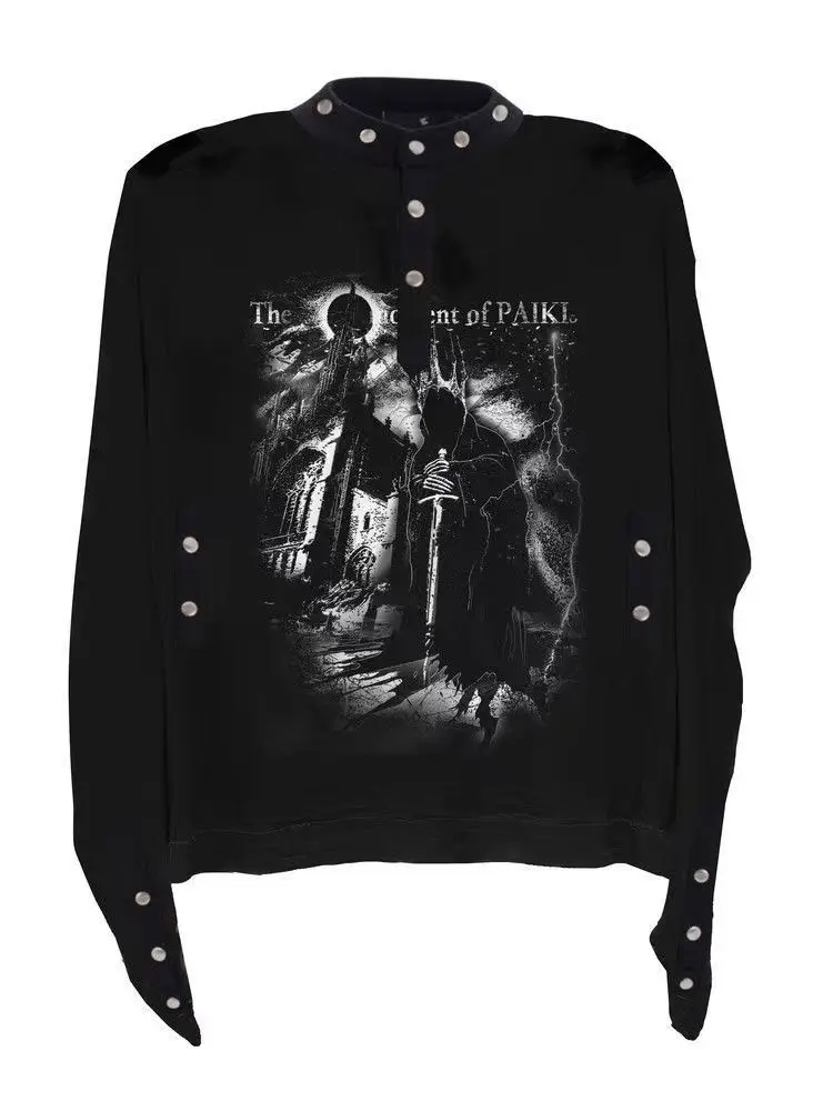 Gothic Punk Streetwear Women Y2K Dark Knight Print 2026 Spring Summer Arrival Studded Detail Henley Neck Long Sleeve Casual Top