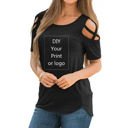 Customized Print T Shirt for Women DIY Logo Top T-shirt Short sleeve Female Tops Off The Shoulder Hollow Tee