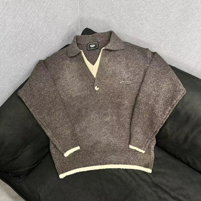Men Women Winter Street Outfit GOODBRAND Sweater Sequin Hollow Out GOOD Letter Print Patchwork V-neck Fake Two-piece Pullover