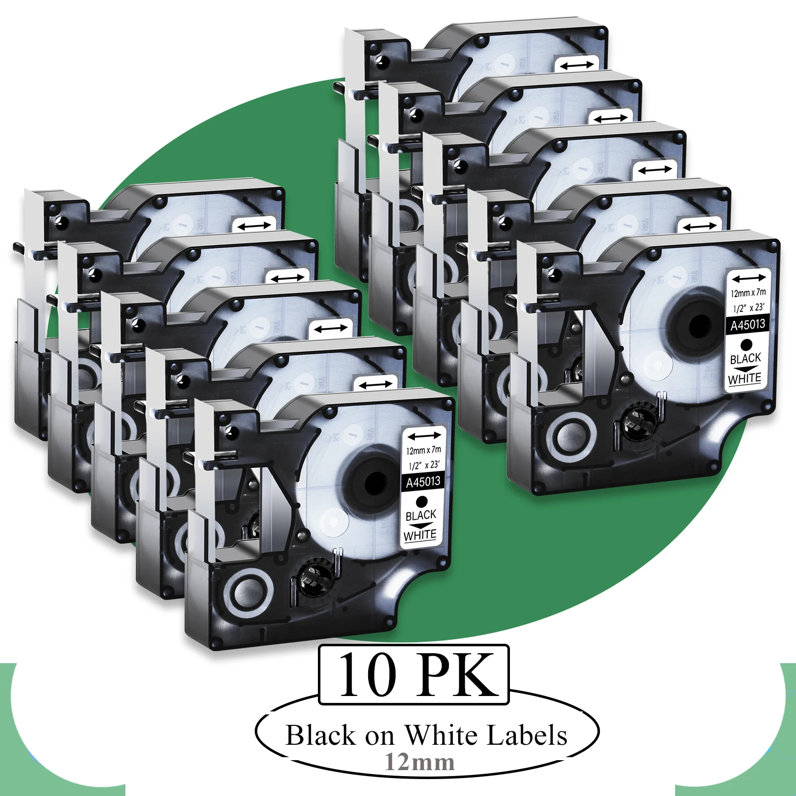 GREENCYCLE 10PK Black on White Label Tape Compatible for Dymo D1 45013 Standard Label Ribbon 1/2