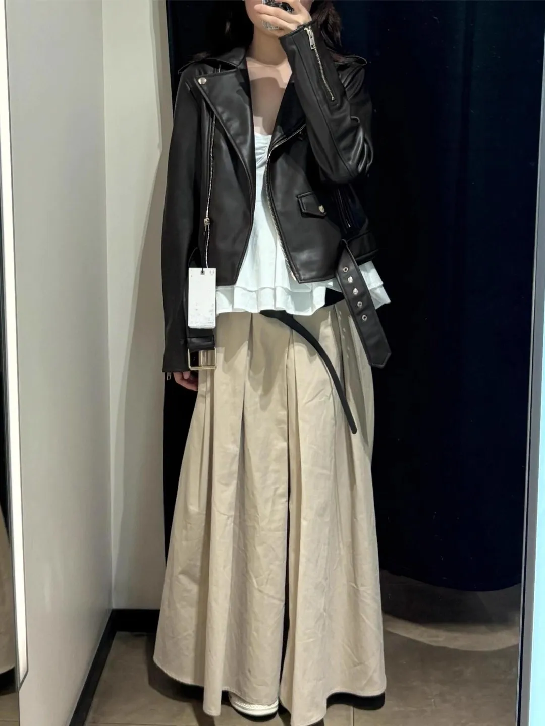 خريف 2025 ياقة بنية وسحاب من جلد البولي يوريثان للدراجات النارية Sle Jaet معطف نسائي فضفاض مناسب معطف أمريكي Sle طويل Sve