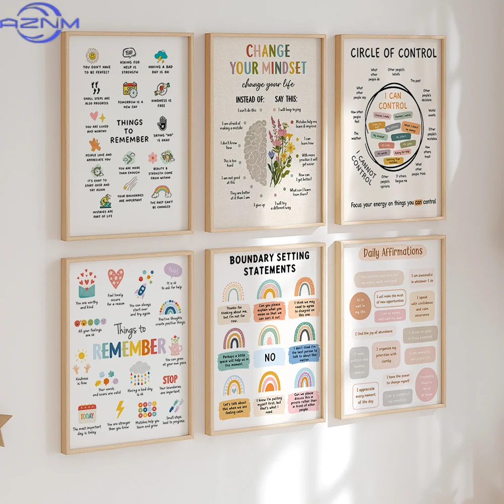 Set of 6 Mental Health Canvas Posters Change Mindset Circle Control Boundaries Daily Affirmations Remember Rainbow Wall Art