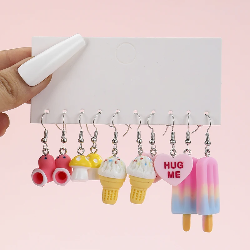 New Fashion Simulation Food Doughnut Ice Cream Candy Strawberry Cherry Resin Earrings Set