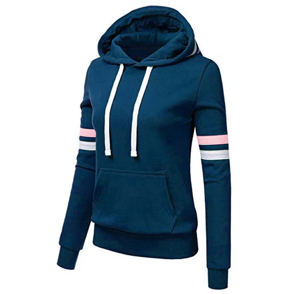 Sweatshirt Coat Long Sleeves Pocket Drawstring Colorblock Hooded Keep Warm Breathable PLus Size Lady Spring Coat Female Clothes