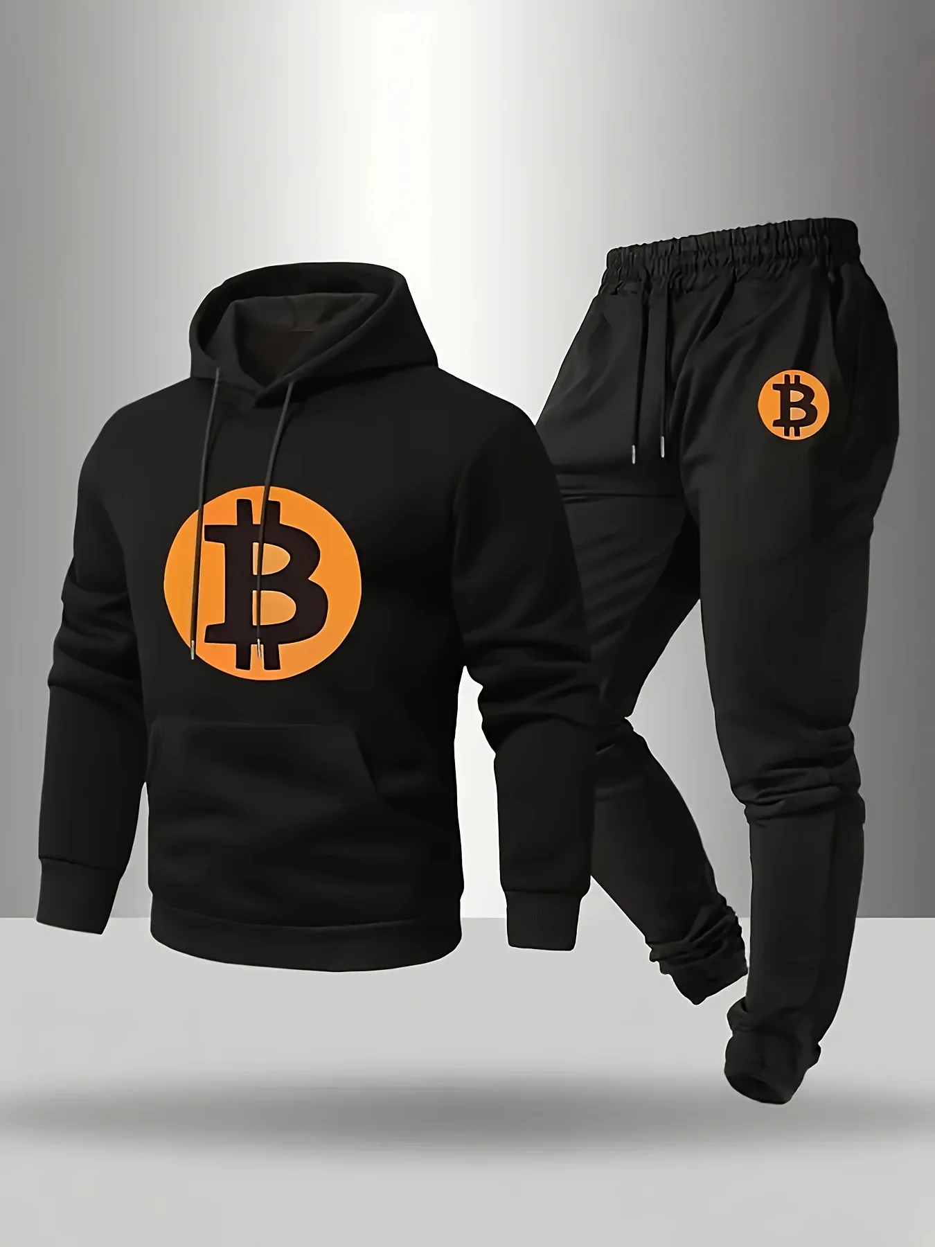 Men Graphic Print Tracksuit 2‑Piece Set, Light Gray Hoodie With Bitcoin Logo Jogger Pants, Elastic Waist Loose Fit Autumn Winter
