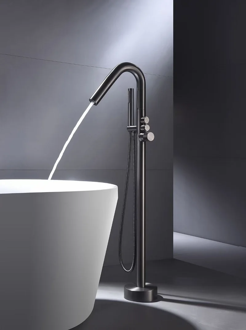 Premium  waterfall Hot/Cold Dual-Function Bathtub Tap All-Copper Bathtub Faucet Floor-Mounted Tub Filler,Brushed Gun Black