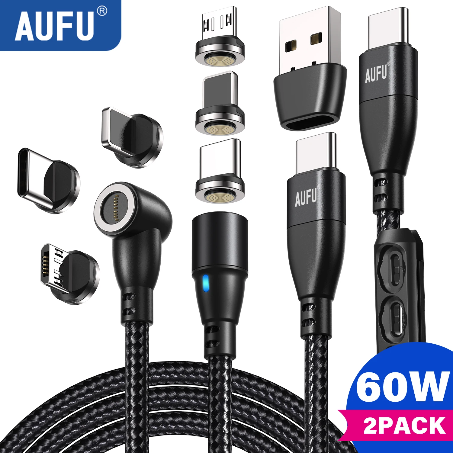 AUFU 2 PACK PD60W Magnetic Cable Fast Charging Magnet Charger Wire Cord Micro Type C Cable For iPhone 13 Samsung Galaxy Macbook