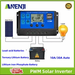 Pwm-ソーラー充電コントローラー10a,30a,12v,24v,自動バッテリー,レギュレーター,デュアルUSB,液晶,ソーラーパネル用,家庭用システム