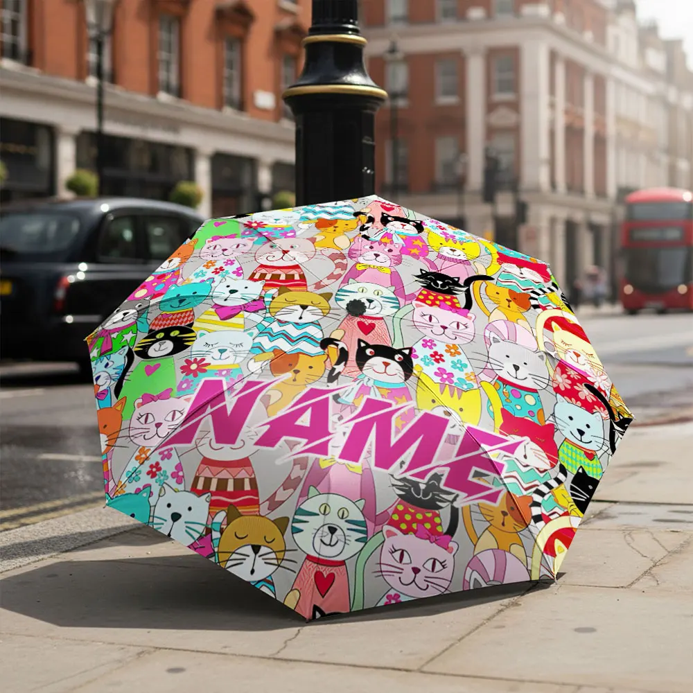 Custom Name umbrella, Colorful Cartoon Cats Bright and Cheerful Design Fashion Folding Umbrella for Sunny and Rainy Days,Gift
