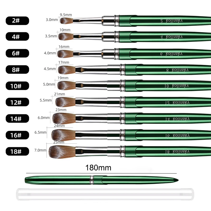 فرشاة أظافر أكريليك كولينسكي عالية الجودة لصالون الأظافر 100% أخضر نقي بيضاوي مجعد على شكل مقبض معدني فرشاة أظافر أكريليك #6