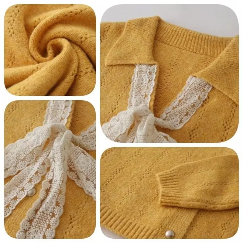 Maglione con risvolto giallo con scollo a V francese da donna Primavera Autunno Cardigan lavorato a maglia a maniche lunghe Cappotto maglione Giacca coreana in maglia