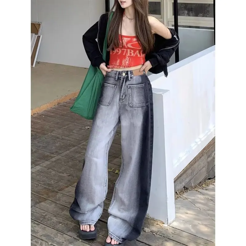 New American Retro Contrasting Color High Waiste Straight Leg Wide Leg Jeans Spring Summer 2024 Women New Loose Slim Fit Pants