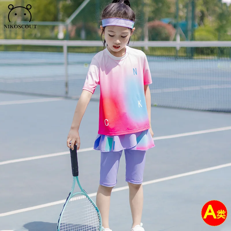 Girls Sports Suit Summer Dopamine Medium and Large Children's Shorts Two-Piece Set T-Shirt Sweat-Wicking Quick-Drying Sun Protection Training Suit with Hairband