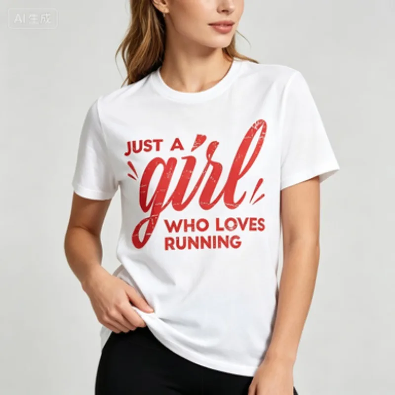 Pure Cotton Female Tee Retro Worn Texture Script & Bold Font Running Lover Slogan Workout Athletic Daily Crew Neck T-shirt