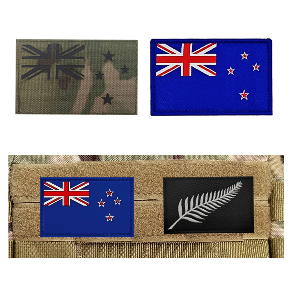 New Zealand Flag Reflective Patch Silver Fern Flag Kiwi Embroidered Patches PVC Rubber Appliques Armband Decorative Hook Badges