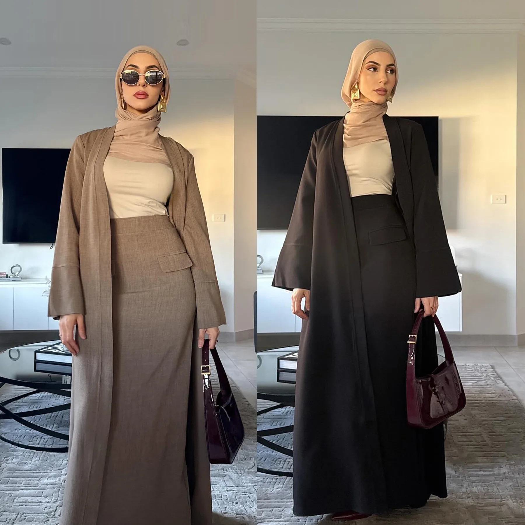 Eid Djellaba Dubai Muslim Sets Women Kimono Cardigan Skirt Turkey Abaya Dress Robe Islamic Clothing  Musulmane Femme Ensemble