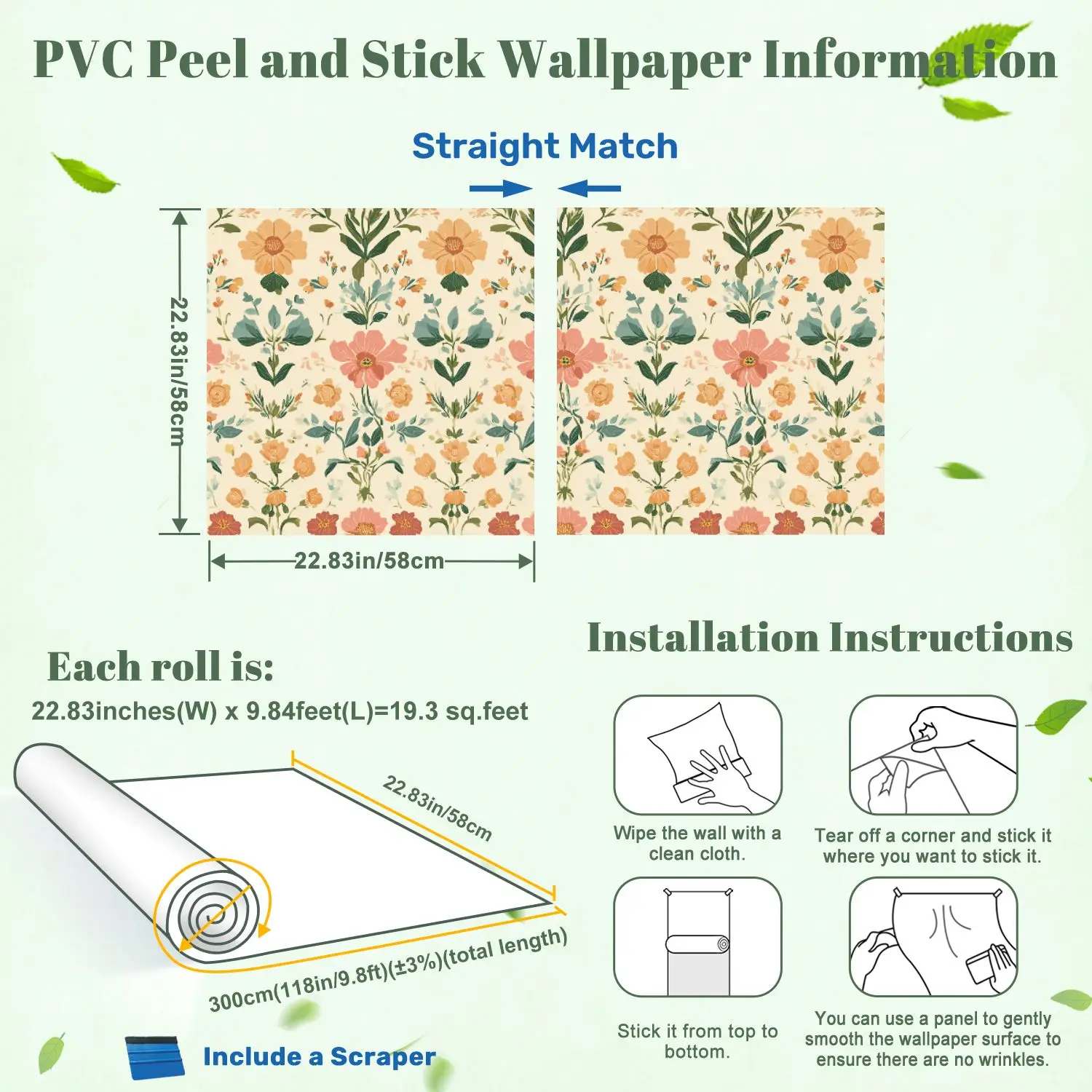 꽃무늬 핑크 오렌지 꽃 벽지 22.83인치X118인치 방수 벽지 거실/침실/욕실용 PVC 벽 스티커