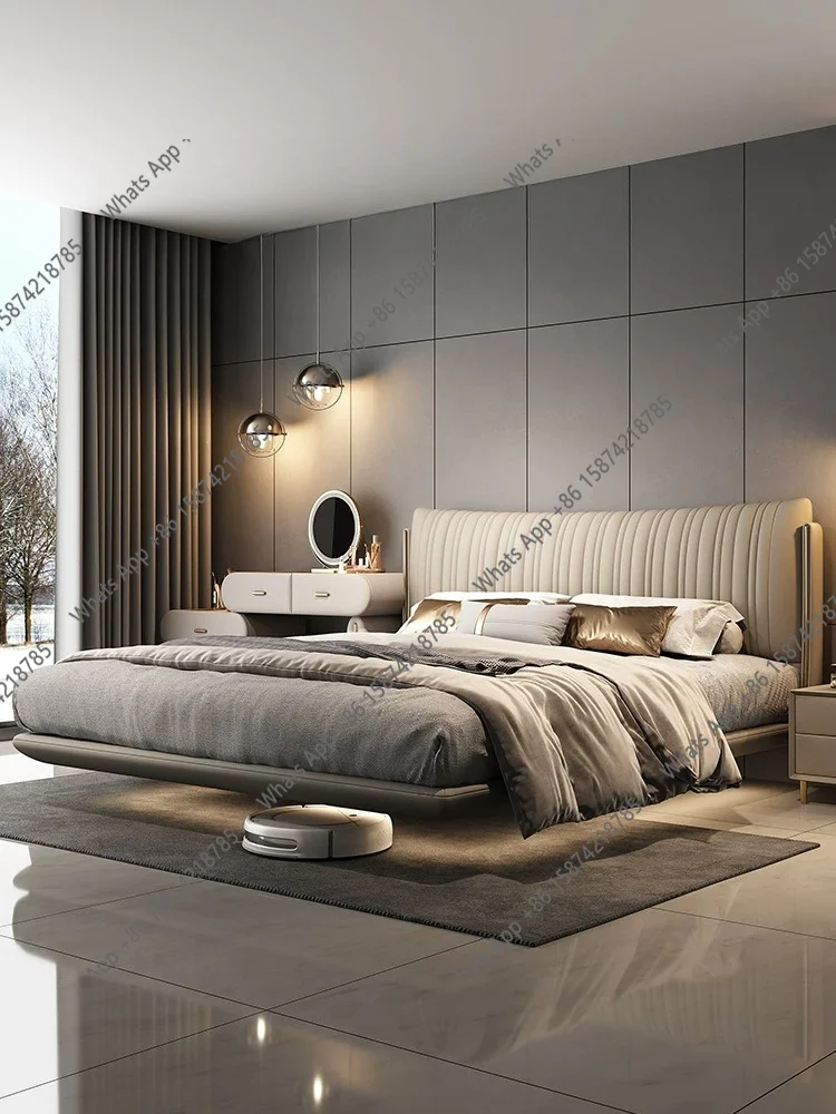 

High-end atmosphere Italian light luxury leather master bedroom suspended smart bed soft bag with sensor light