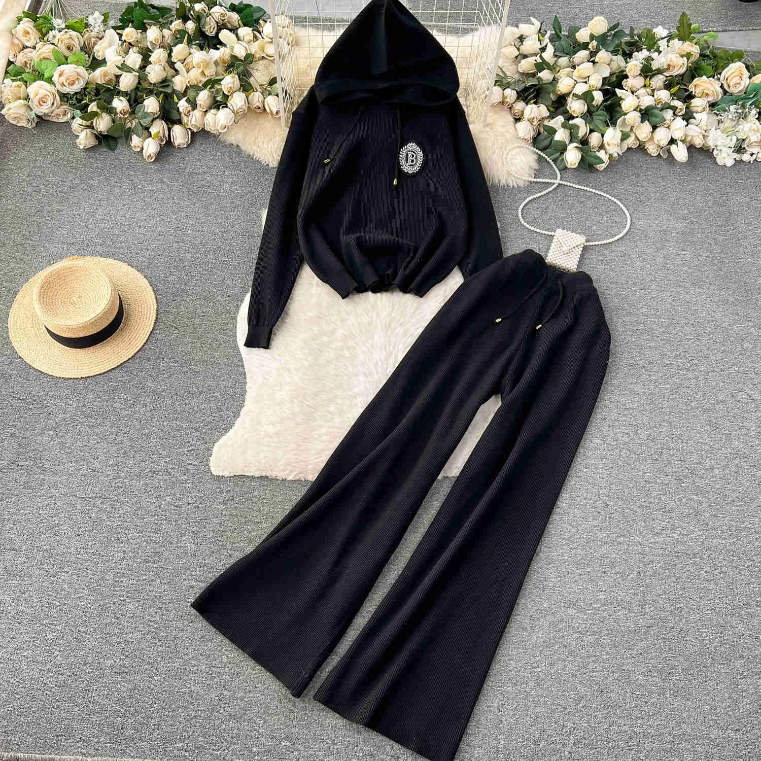 Women Two Pieces Casual Trousers Set Girl Spring Autumn Solid Hooded Collor Long Sleeve Sweater Top And Elastic Long Pants Suits